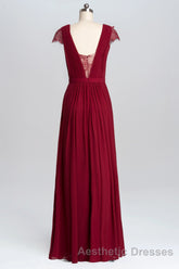 Wine Red A-line Chiffon Long Bridesmaid Dresses with Cap Sleeves